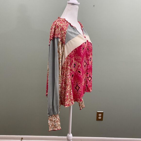 Oli & Hali Boho Patchwork Floral Blouse Button Front Top Womens Small - Picture 2 of 13